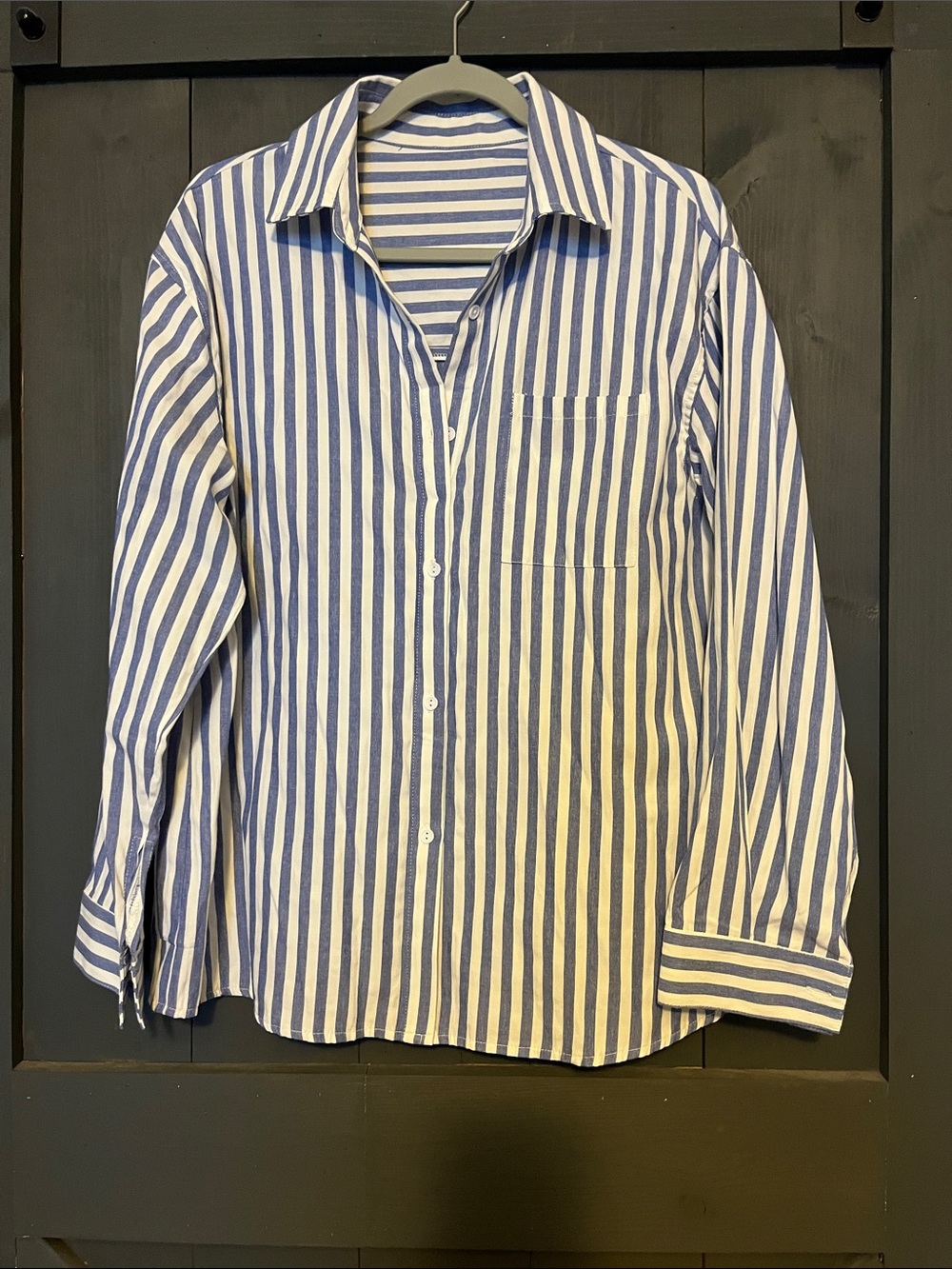Men's Blue and White Vertical Stripe Button-Up Shirt